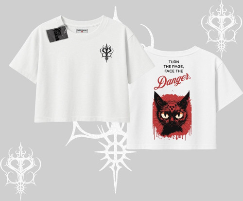 Gotik Kedi Arka Baskılı Oversize Crop Tshirt