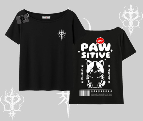 Paw Sitive Kedi Arka Baskılı Kayık Yaka Tshirt