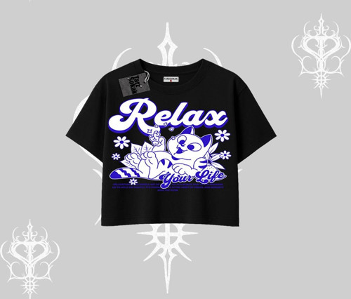 Relax Kedi Baskılı Oversize Crop Tshirt
