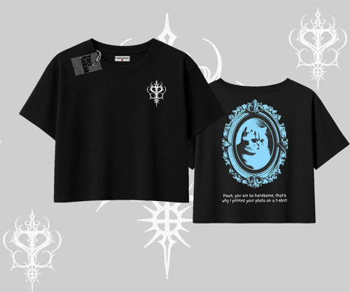 Çerçeveli Kedi Baskılı Oversize Crop Tshirt