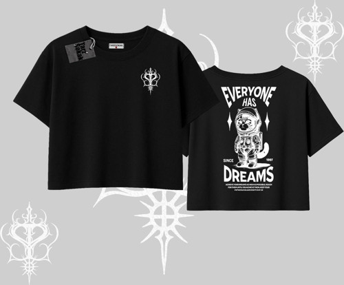Everyone Has Dreams Yazılı Astronot Kedi Arka Baskılı Oversize Crop Tshirt