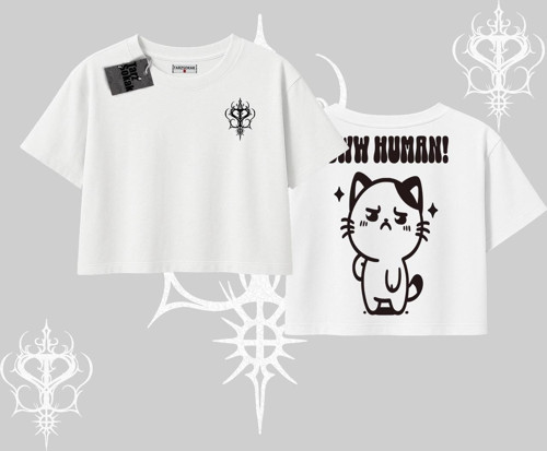 Sevimli Kedi Çizimli Arka Baskılı Oversize Crop Tshirt