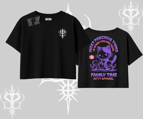 Family Time Yazılı Sevimli Anne Kedi Arka Baskılı Oversize Crop Tshirt
