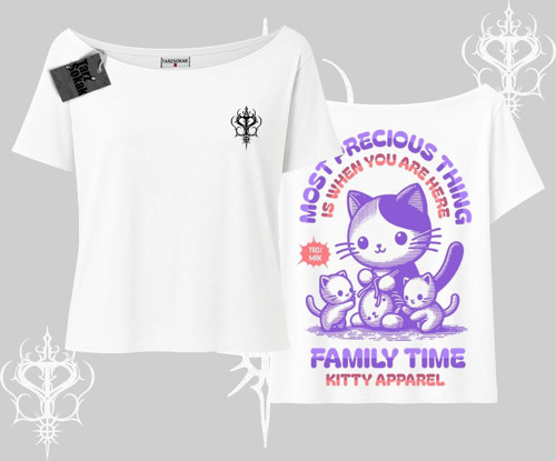 Family Time Yazılı Sevimli Anne Kedi Arka Baskılı Kayık Yaka Tshirt