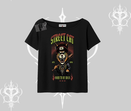 Street Cat Kedi Baskılı Kayık Yaka Tshirt