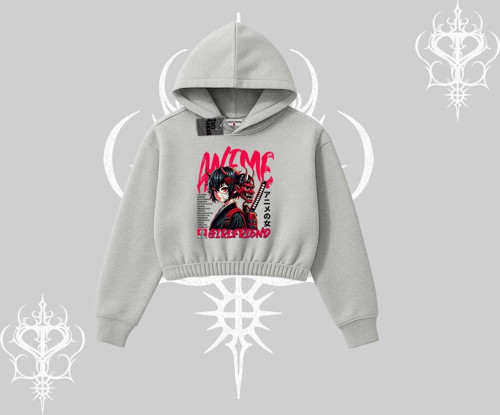 Kapşonlu Crop Sweatshirt Anime Girlfriend Kırmızı