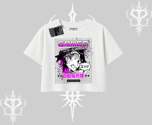 Oversize Crop Tshirt Games Schoolgirl Anime Baskılı