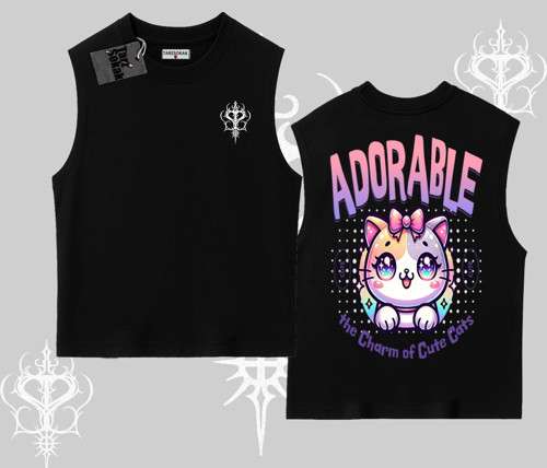 Adorable Kawaii Kedi Arka Baskılı Kolsuz Tshirt