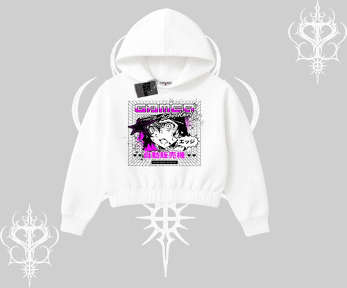 Kapşonlu Crop Sweatshirt Games Schoolgirl Anime Baskılı