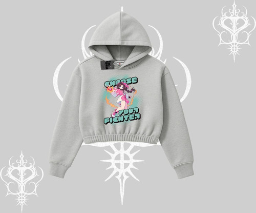 Kapşonlu Crop Sweatshirt Oversize Anime Kız Desenli Japon Stil