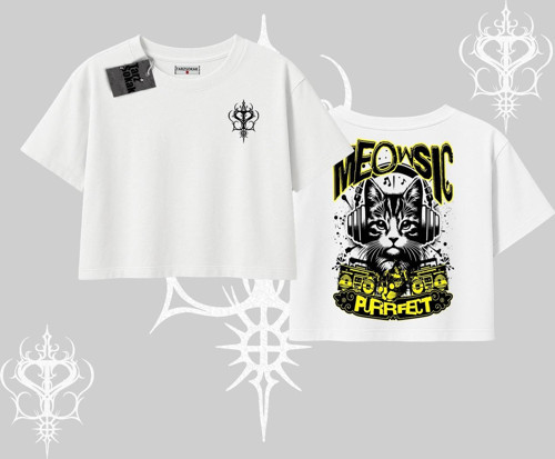Meowsic Purrfect Kedi Arka Baskılı Oversize Crop Tshirt