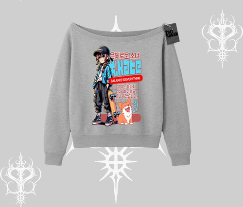 Kayık Yaka Sweatshirt Anime Hiker Girl Balance Is Everything Baskılı