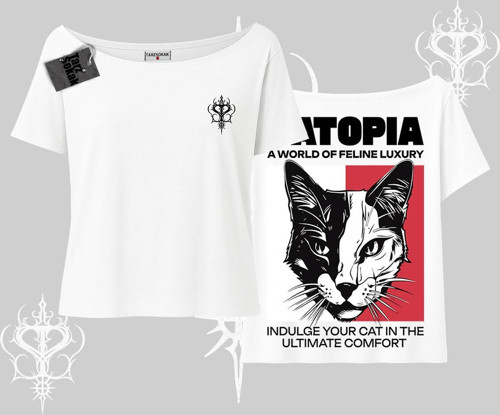 Modern Kedi Temalı Arka Baskılı Kayık Yaka Tshirt