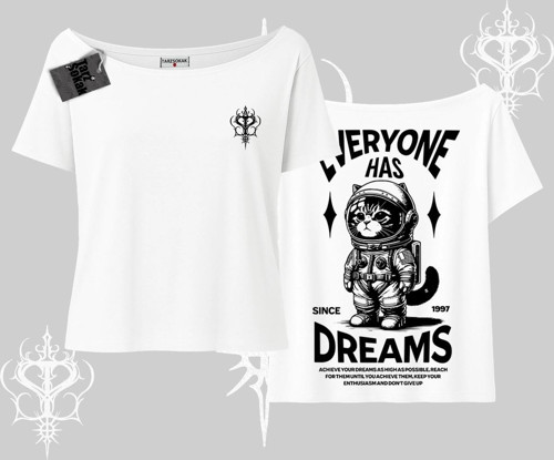 Everyone Has Dreams Yazılı Astronot Kedi Arka Baskılı Kayık Yaka Tshirt