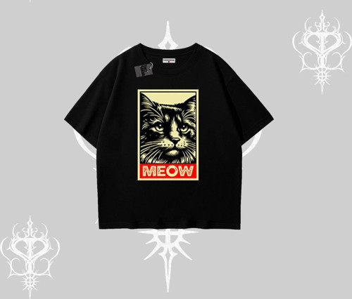 Meow Yazılı Kedi Portre Baskılı Oversize Tshirt