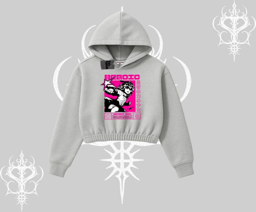 Kapşonlu Crop Sweatshirt Heroic Anime Girl Japon Stil Grafik Baskılı