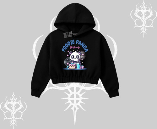 Kapşonlu Crop Sweatshirt Foodie Panda Tatlı ve Sevimli Panda Baskılı