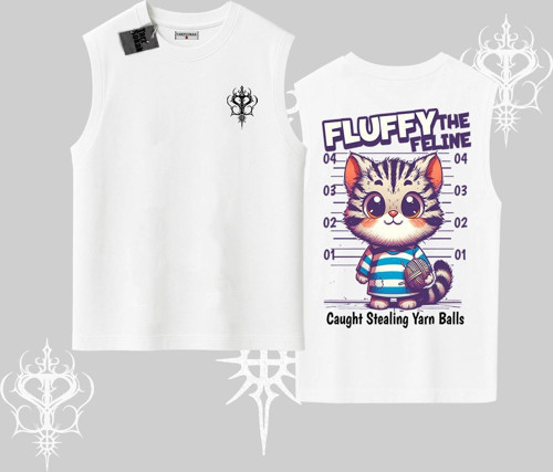Fluffy The Feline Yazılı Sevimli Kedi Arka Baskılı Kolsuz Tshirt