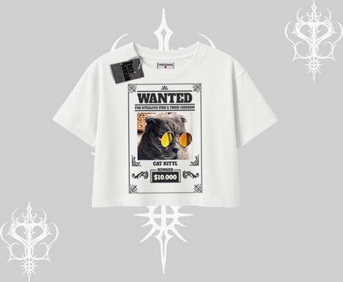 Wanted Temalı Kedi Baskılı Oversize Crop Tshirt