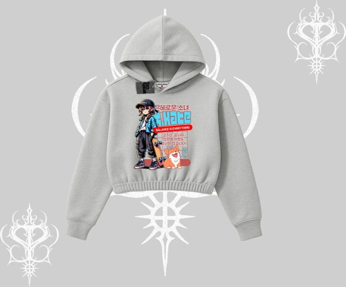 Kapşonlu Crop Sweatshirt Anime Hiker Girl Balance Is Everything Baskılı