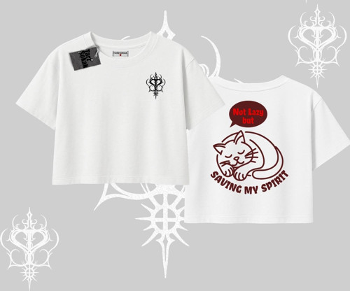 Not Lazy Saving My Spirit Kedi Baskılı Oversize Crop Tshirt