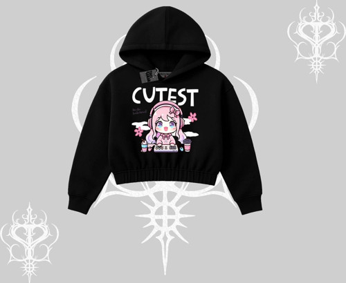 Kapşonlu Crop Sweatshirt Cute Anime Gamer Girl Baskılı