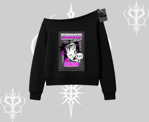 Kayık Yaka Sweatshirt Games Schoolgirl Anime Baskılı