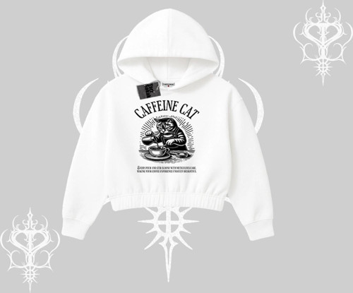 Kapşonlu Crop Sweatshirt Caffeine Cat Kahve Temalı Kedi Baskılı