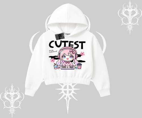 Kapşonlu Crop Sweatshirt Cute Anime Gamer Girl Baskılı