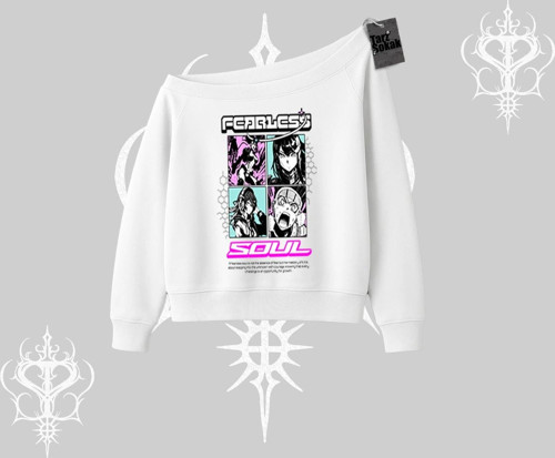 Kayık Yaka Sweatshirt Fearless Soul Anime Kolaj Baskılı