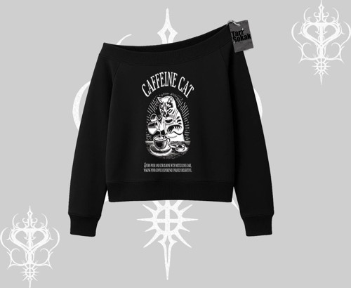 Kayık Yaka Sweatshirt Caffeine Cat Kahve Temalı Kedi Baskılı