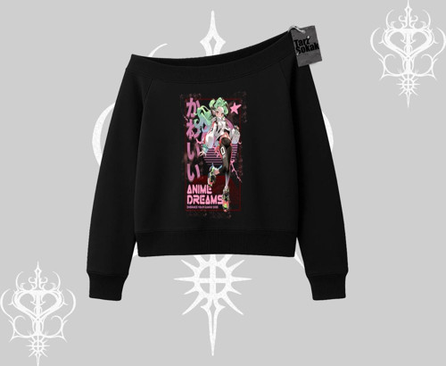 Kayık Yaka Sweatshirt Anime Kawaii Japon Kız Desenli