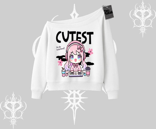 Kayık Yaka Sweatshirt Cute Anime Gamer Girl Baskılı