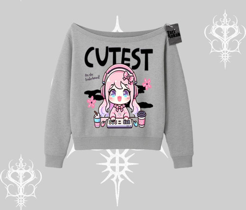 Kayık Yaka Sweatshirt Cute Anime Gamer Girl Baskılı