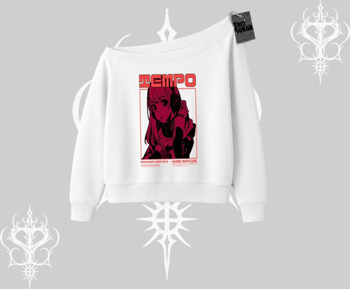 Kayık Yaka Sweatshirt Anime Waifu Kırmızı Grafik Desenli