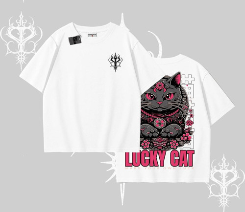 Lucky Cat Japon Tarzı Kedi Baskılı Oversize Tshirt