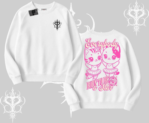 Born to Be a Star Yazılı Sevimli Kedi Arka Baskılı Biskilet Sweatshirt