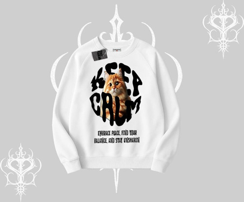Keep Calm Yazılı Kedi Baskılı Streetwear Biskilet Sweatshirt