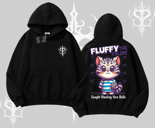 Fluffy The Feline Yazılı Sevimli Kedi Arka Baskılı Kapşonlu Sweatshirt