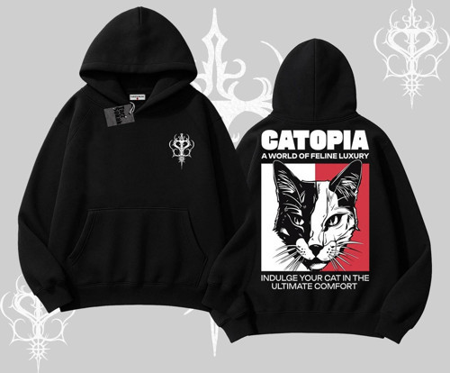 Modern Kedi Temalı Arka Baskılı Kapşonlu Sweatshirt