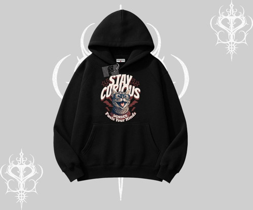 Stay Curious Kedi Baskılı Kapşonlu Sweatshirt