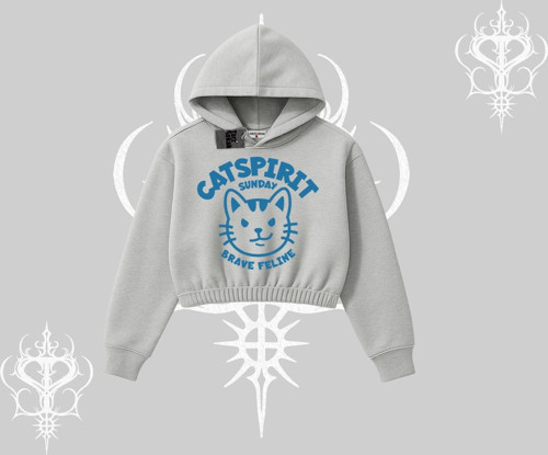 Catspirit Sunday Brave Feline Yazılı Kedi Baskılı Kapşonlu Crop Sweatshirt