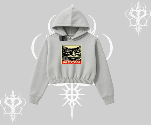 Meow Yazılı Kedi Portre Baskılı Kapşonlu Crop Sweatshirt