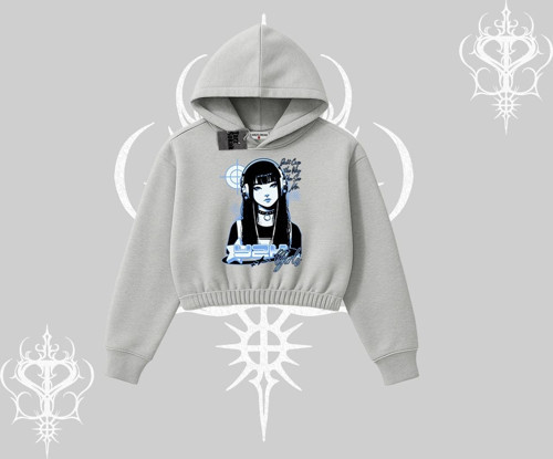 Kapşonlu Crop Sweatshirt Cyber Y2K Anime Girl Street Sound Aesthetic