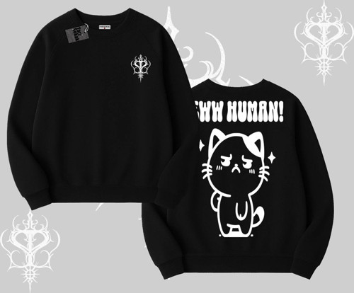 Sevimli Kedi Çizimli Arka Baskılı Biskilet Sweatshirt