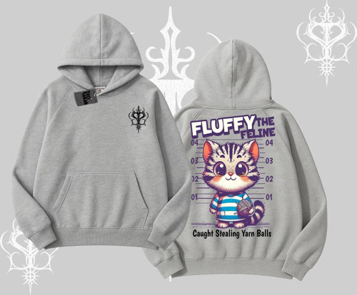 Fluffy The Feline Yazılı Sevimli Kedi Arka Baskılı Kapşonlu Sweatshirt