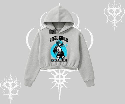 Kapşonlu Crop Sweatshirt Anime Cyberpunk Kız Baskılı