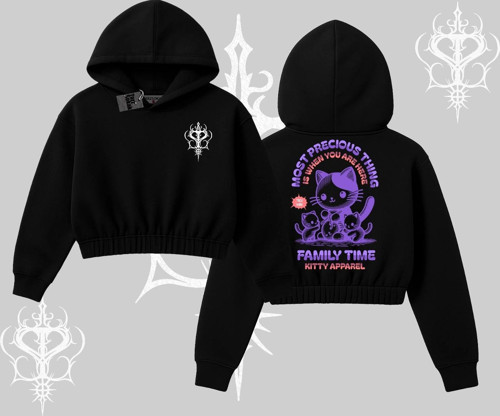 Family Time Yazılı Sevimli Anne Kedi Arka Baskılı Kapşonlu Crop Sweatshirt