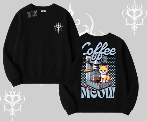 Coffee Meow Kahve Temalı Kedi Arka Baskılı Biskilet Sweatshirt