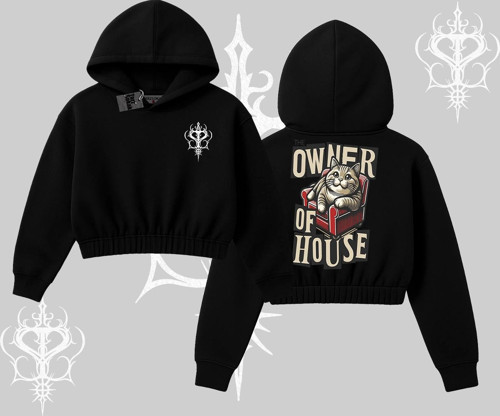 The Owner of House Kedi Arka Baskılı Kapşonlu Crop Sweatshirt